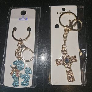 Rhinestone Poodle & Cross Keychain Duo - Gold Tone, Blue & Pink Crystals